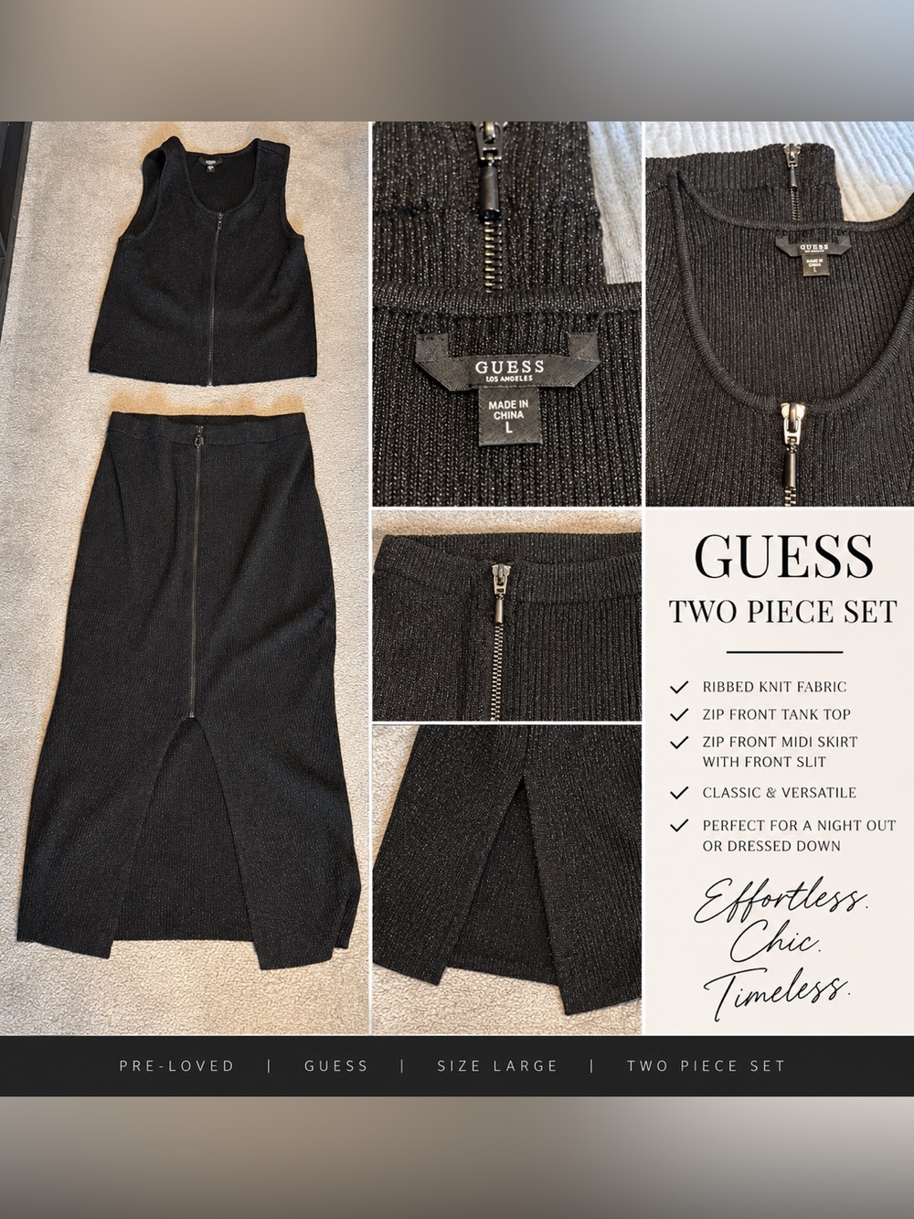GUESS Black Ribbed Two-Piece Zip Set – Size Large